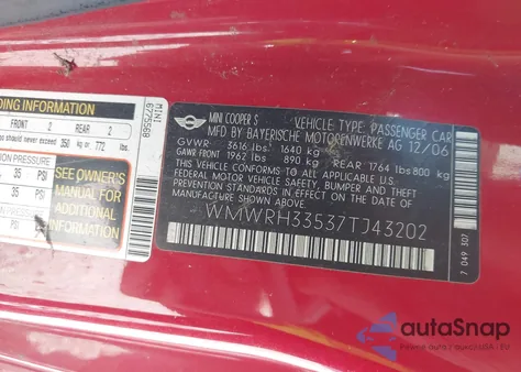 2007 Mini Cooper from USA, damaged, VIN WMWRH33537TJ43202
